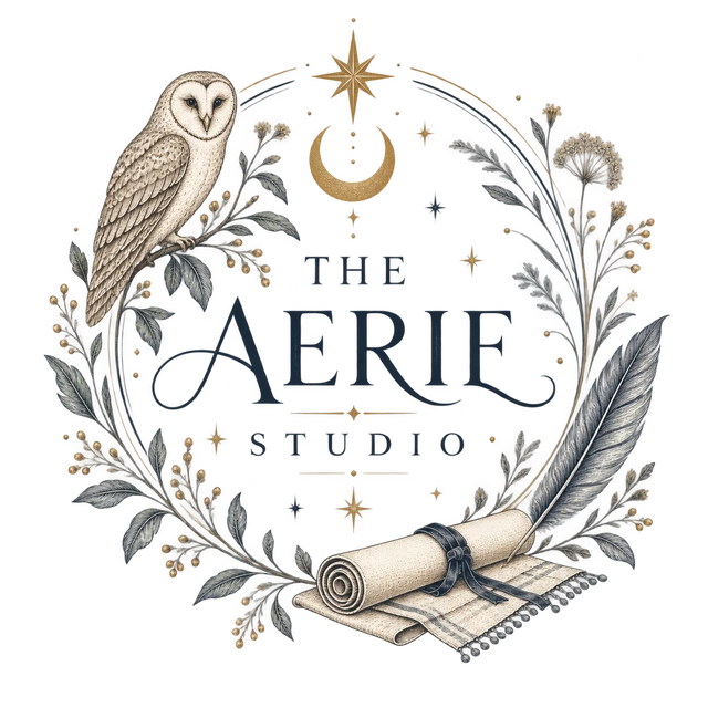 The Aerie Studio mark: a barn owl, star, and crescent moon in a wreath around a quill and scroll