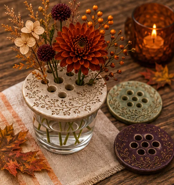 A glass jar topped with a cream ceramic flower frog lid etched with trailing botanicals, holding a rust chrysanthemum, deep burgundy alliums, dried hydrangea and orange berry sprigs. Sage-green and plum flower frogs, a lit amber candle and oak leaves rest on the linen runner beside it.