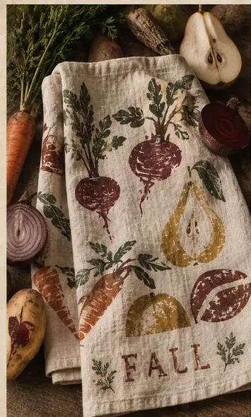 A folded linen tea towel block-printed with beets, pears and carrots and stamped FALL, styled beside fresh carrots, potatoes, a pear, a red onion and beets.